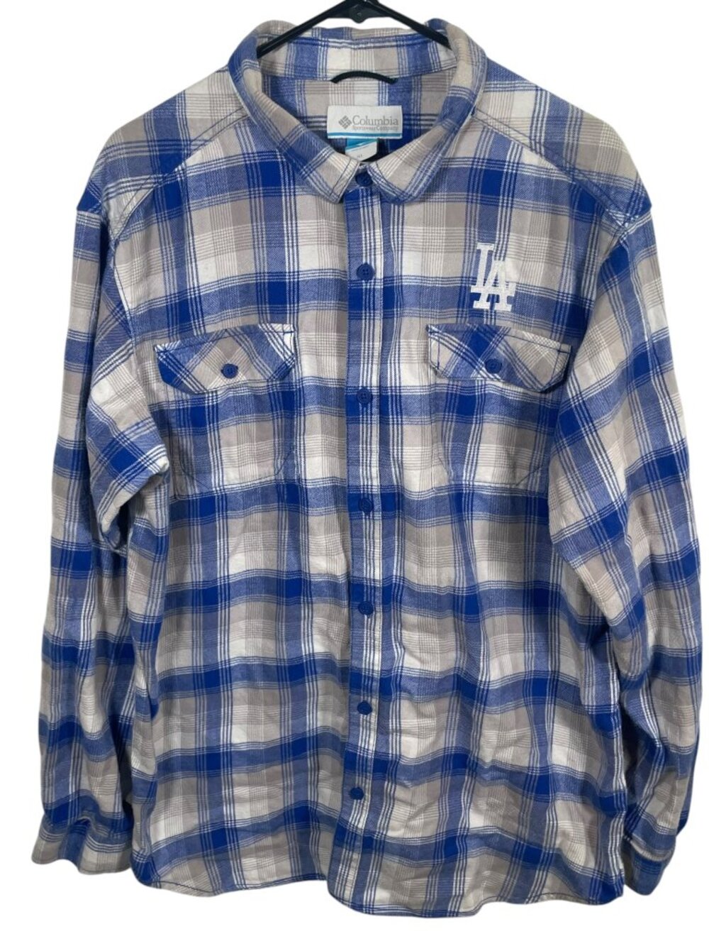 LA Dodgers Columbia Flannel Shirt Mens XL Long Sleeve Blue White Plaid